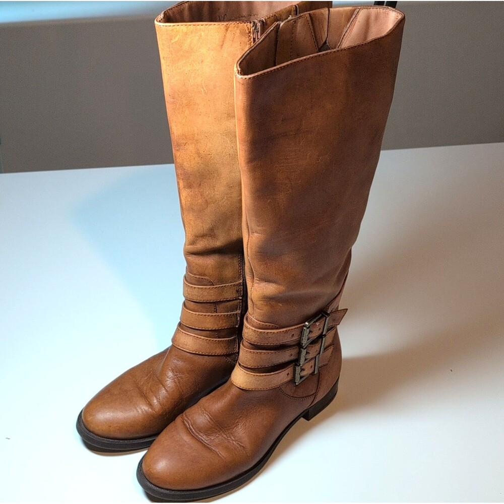 Women's INC International Concepts Brown Leather Knee High Boots Buckle Zip 6.5